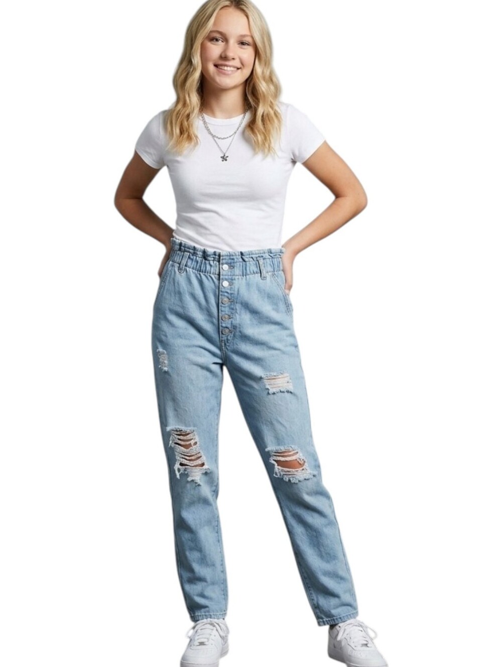Forever 21 High-Waisted Distressed Paperbag Jeans in Light Denim
